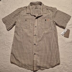 Dockets boys Large or 14/16 brown white black plaid short sleeve shirt NWT